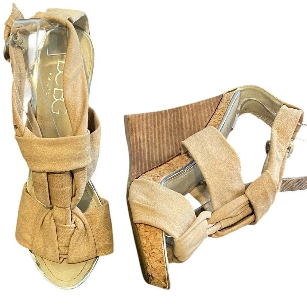 BCBG Paris Knotted Wedge Leather Sandals Cork/Wood Platform Sz 9.5 Beige #332L